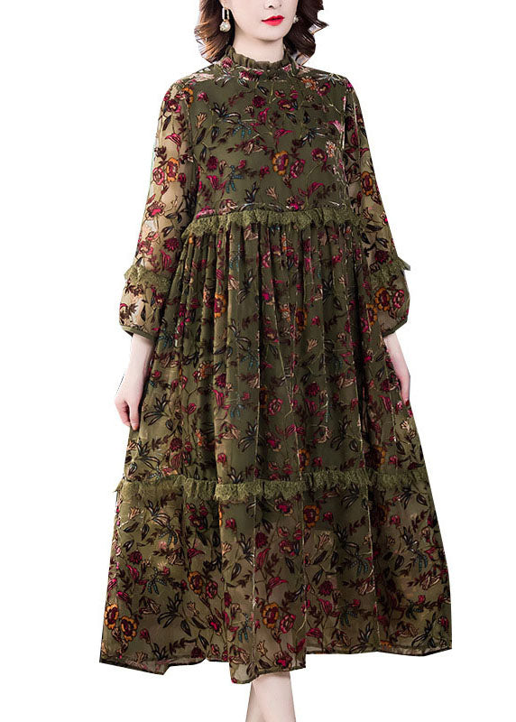 Green Ruffled Patchwork Jacquard Fall Holiday Dress Long Sleeve