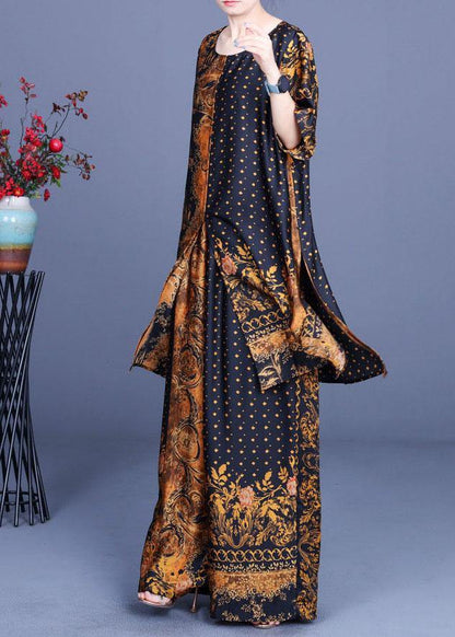 French Black Yellow Print Silk Wide Leg Two Pieces Set