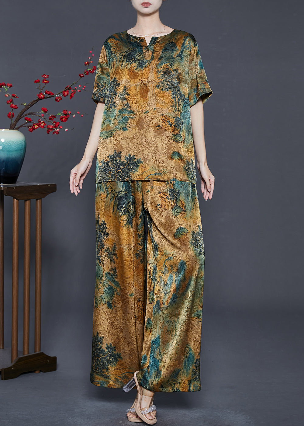 Boutique V Neck Print Silk Sets 2 Piece Summer