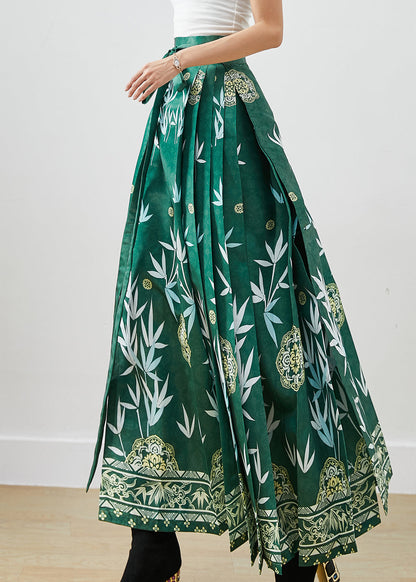 Green Bamboo Leaf Print Exra Large Hem Silk Pleated Skirts Fall