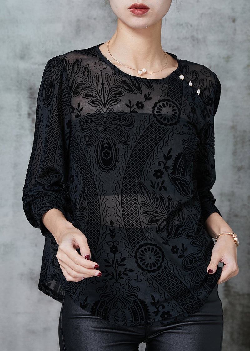 Black O-neck Jacquard Lace Tops Spring