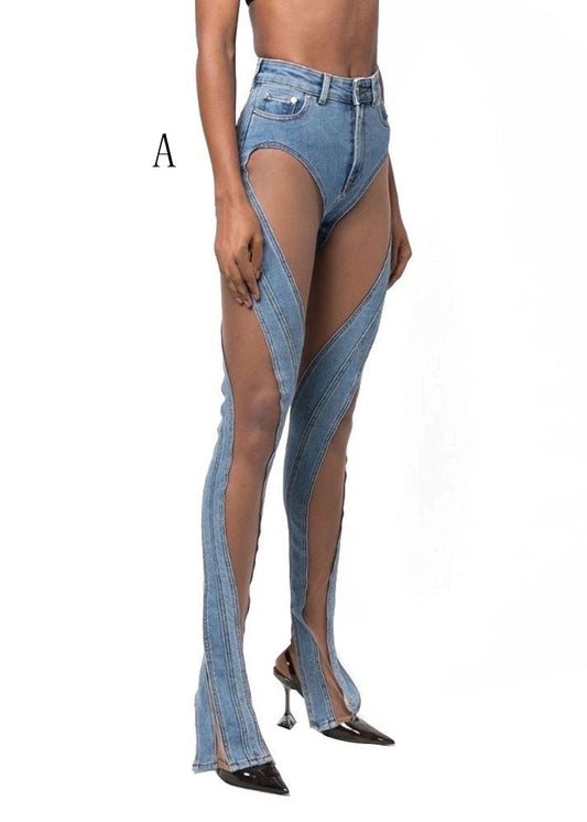 Hollow Out Tulle Patchwork Denim Trousers Fall
