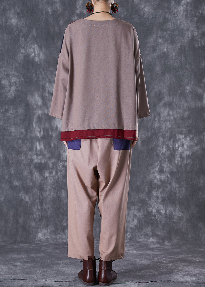 Coffee Patchwork Applique Cotton Two-piece Set Oversized Fall