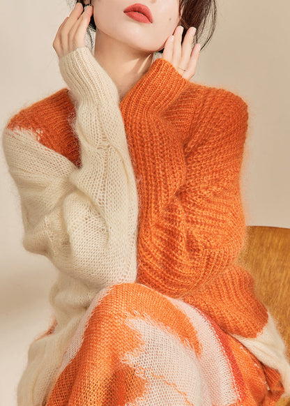 Orange Print Ma Hai Mao Knitted Two Piece Set Outfits Fall