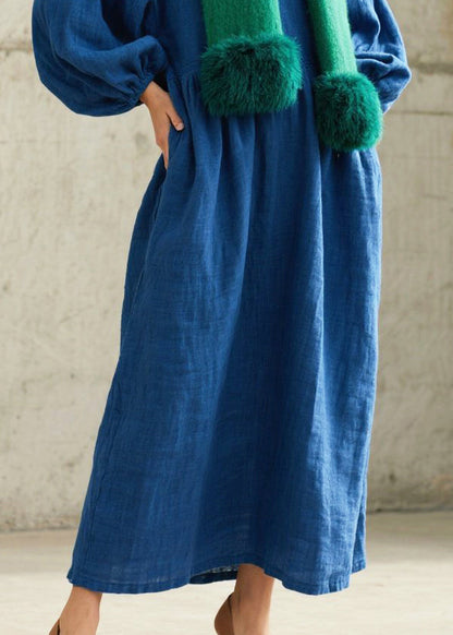 Blue Oversized Cotton Ankle Dress Lantern Sleeve