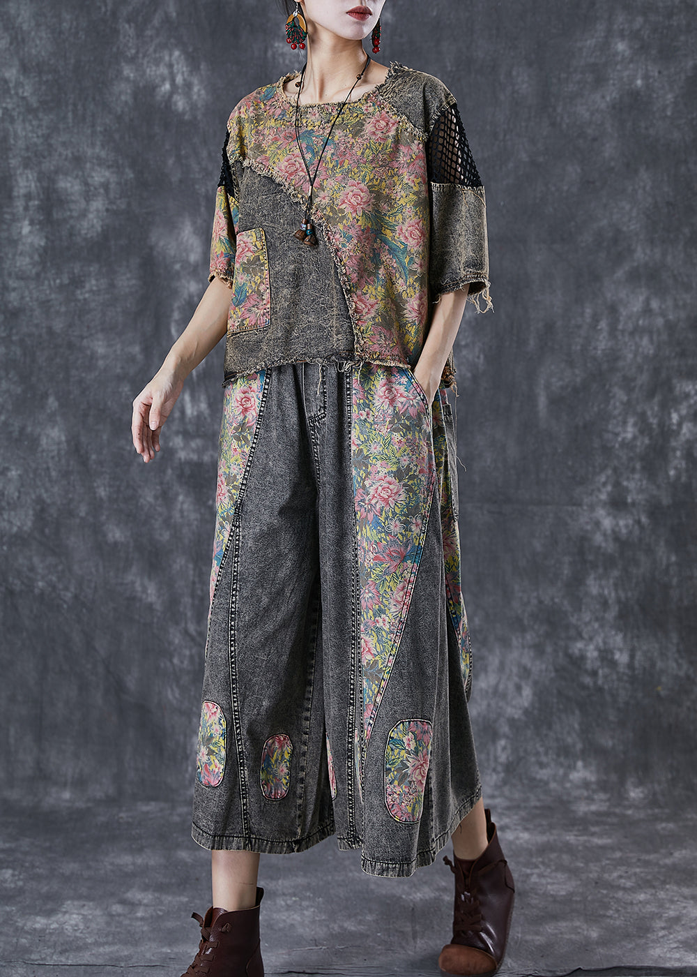 Diy Asymmetrical Patchwork Denim Two Piece Set Clothing Fall