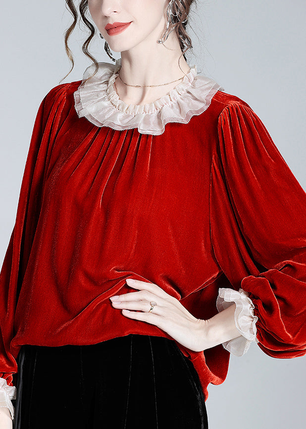 Loose Red Ruffled Patchwork Silk Velour Top Butterfly Sleeve