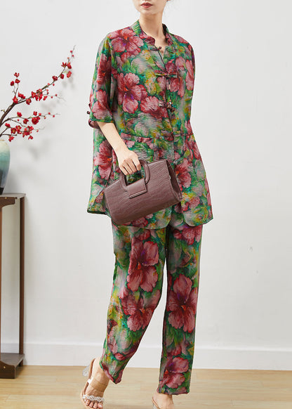 Red Chinese Button Linen Two Pieces Set Summer