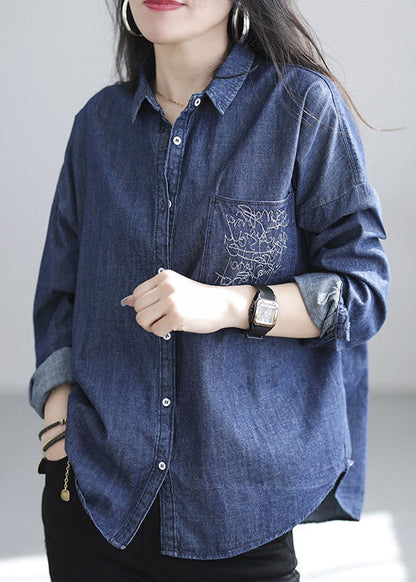 Navy Embroidered Denim Shirt Spring