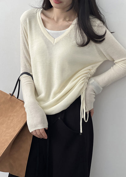 French Apricot V Neck Cinched Knit T Shirts Top Fall