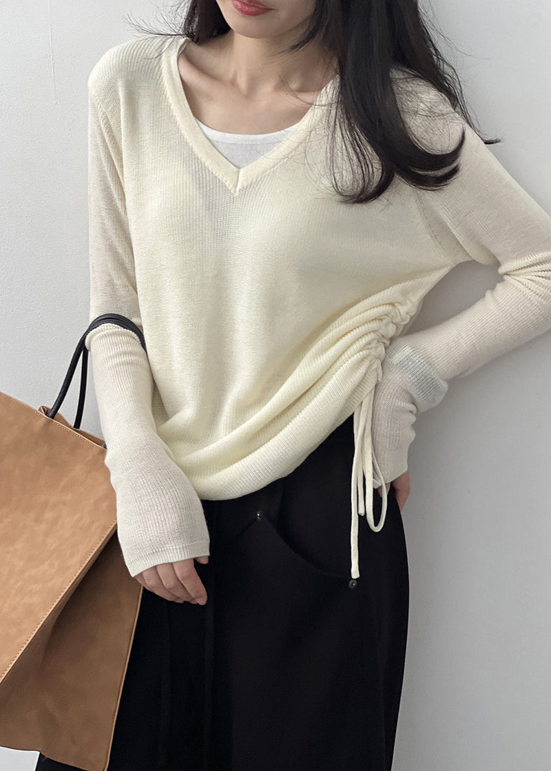 French Apricot V Neck Cinched Knit T Shirts Top Fall