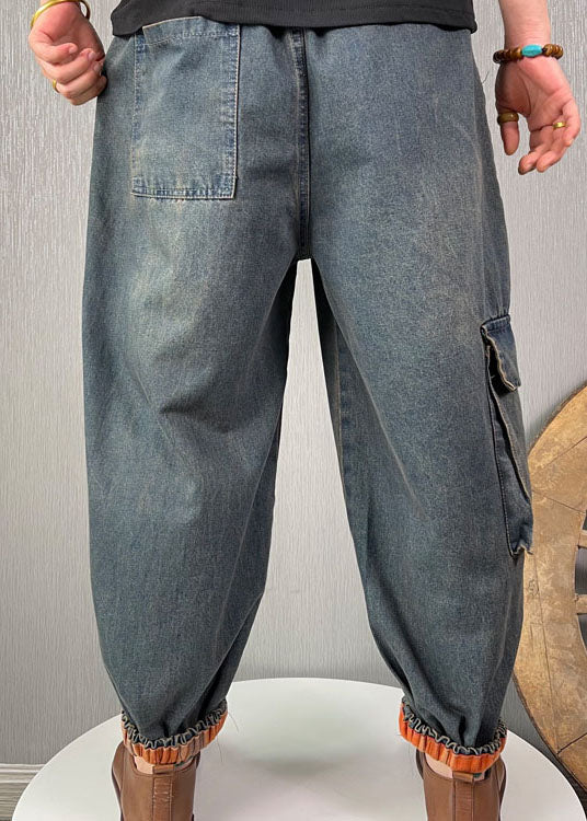 French Blue Patchwork Denim Pants Spring