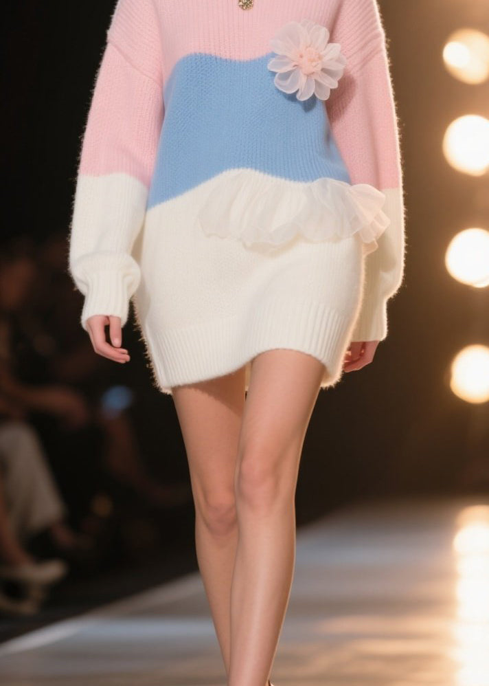 Art Colorblock Ruffled Knit Sweater Dress Winter