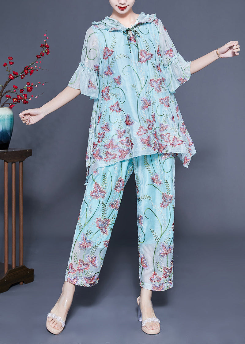 Light Blue Hooded Ruffled Print Silk Two Pieces Set Flare Sleeve