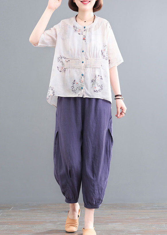 Apricot Wrinkled Print Linen Two Piece Set Outfits Short Sleeve