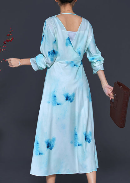 Light Blue Backless Tie Dye Vacation Dresses Spring