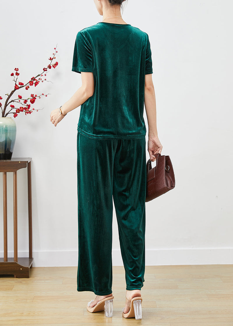 Blackish Green Slim Fit Silk Velour Two Pieces Set Fall