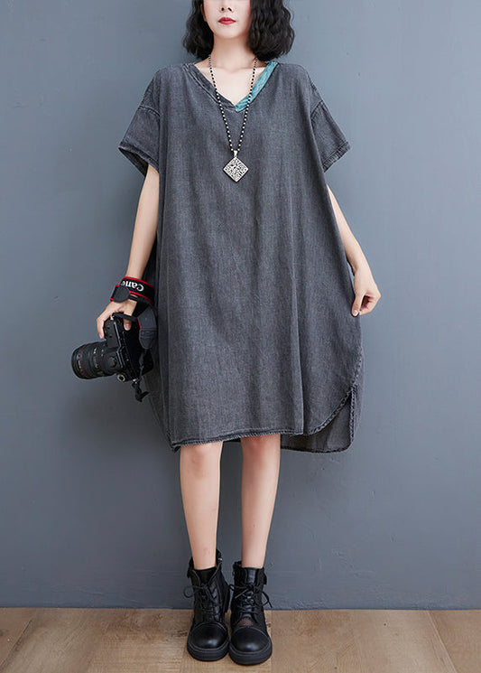 Boutique Black V Neck Patchwork Low High Design Denim Dresses Short Sleeve