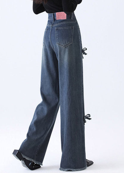 Natural Denim Blue Pockets Patchwork Bow Wide Leg Jeans Spring