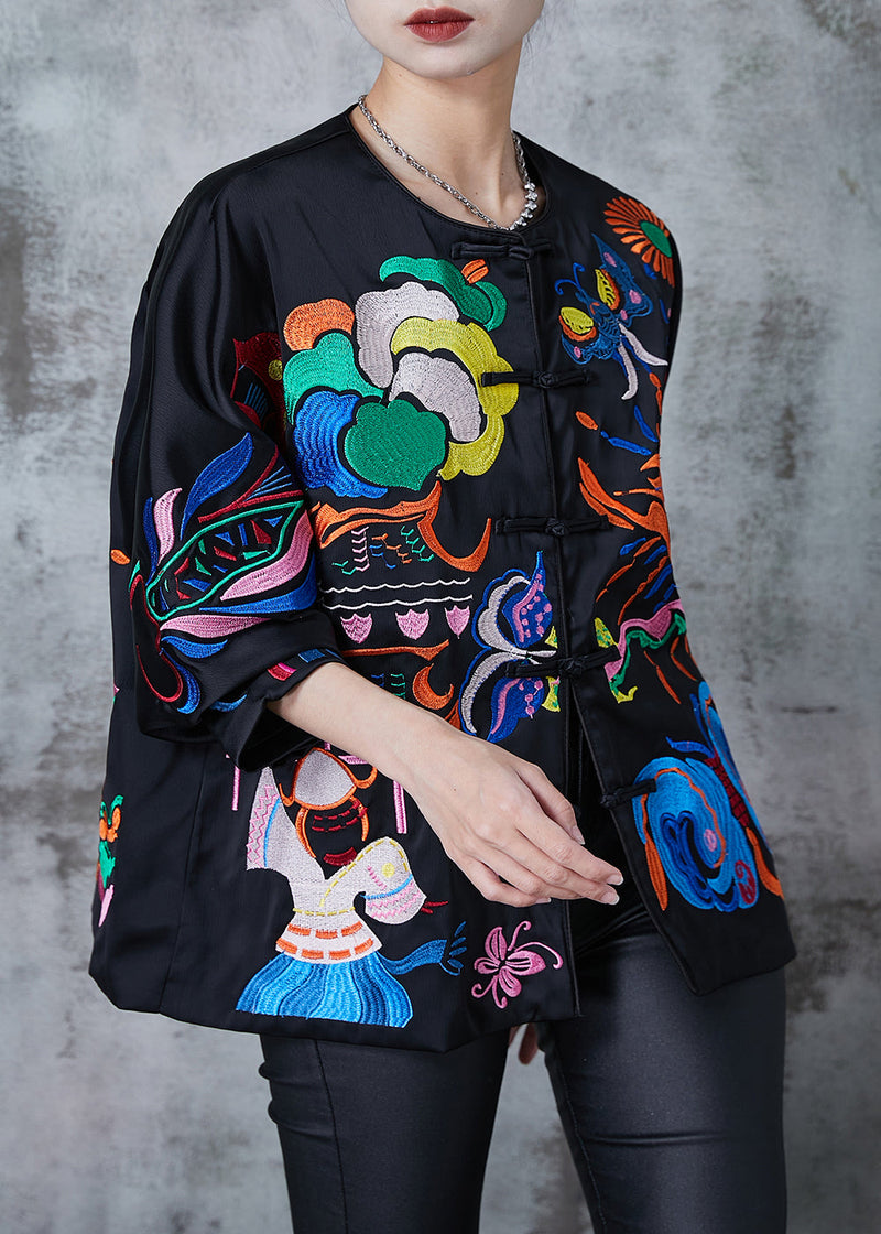 Black Embroidered Chinese Button Silk Coats Fall