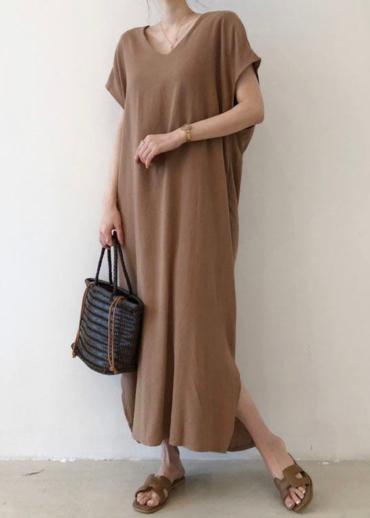 Chocolate Side Open Cotton Short Sleeve Long Dresses