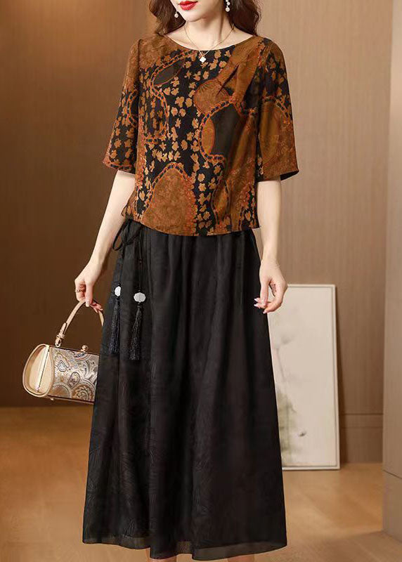 Chocolate O-neck Print Silk Tops and Skirts Two Pieces Set Summer