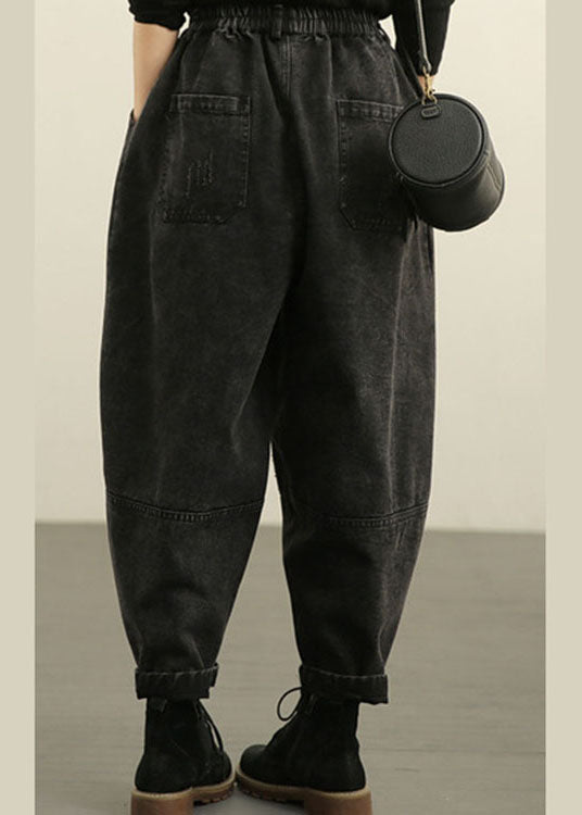Diy Blue High Waist Pockets Wrinkled Harem Fall Denim Pants