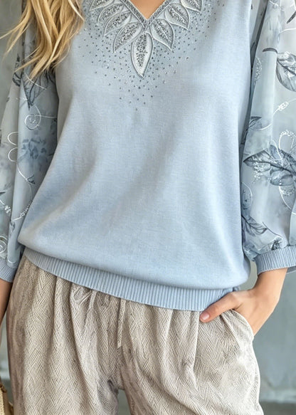 Blue Embroidered Zircon Knit Top Bracelet Sleeve