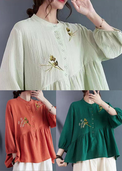 Brick Red Embroidered Cotton Tops Summer