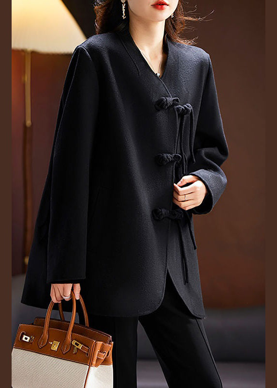 Black Chinese Button Wool Coats Spring