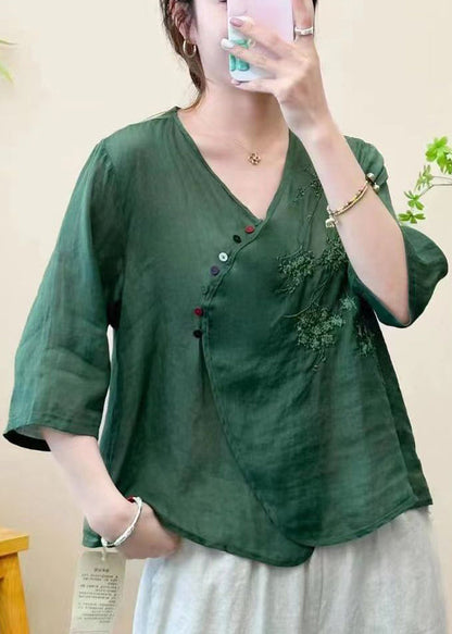 White Embroideried Linen Blouse Top Half Sleeve