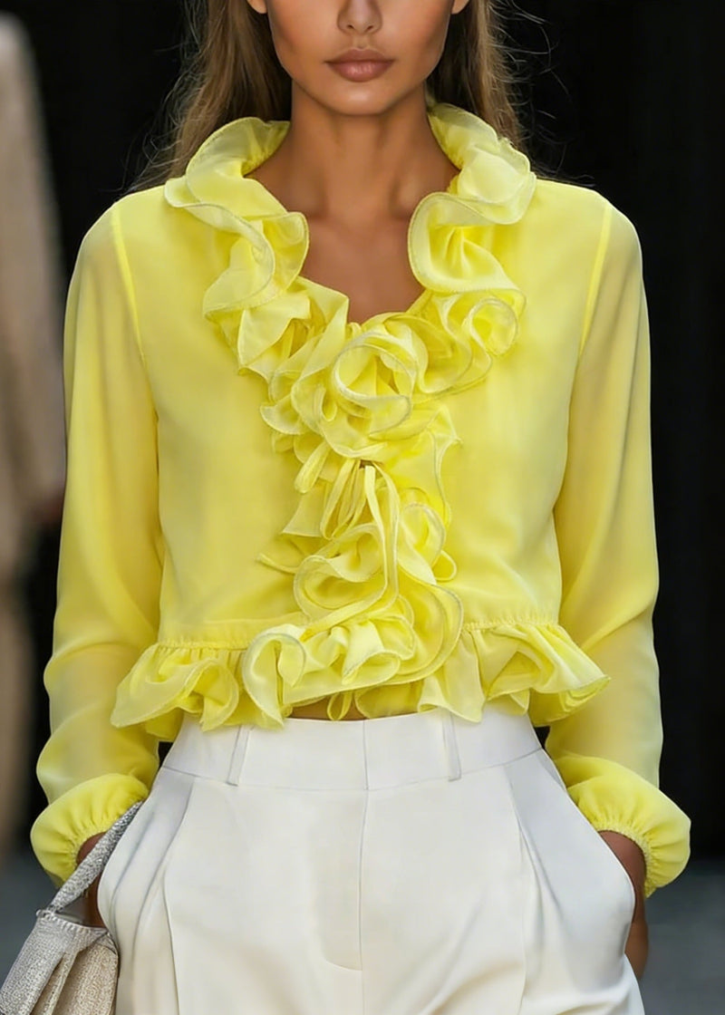 Fine Yellow Ruffled Patchwork Chiffon Top Spring