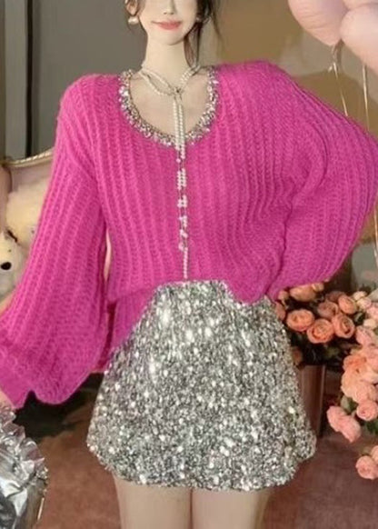 Rose Nail Bead Patchwork Knit Sweaters Long Sleeve