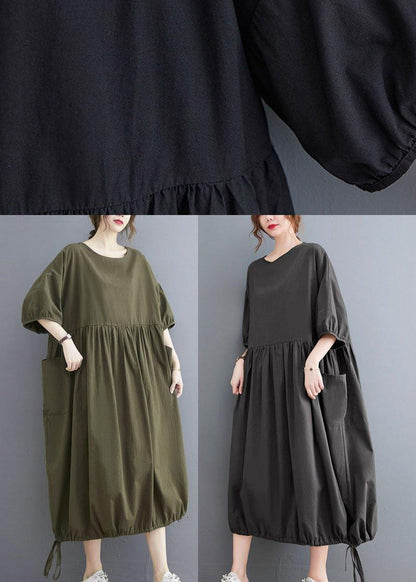 Handmade Army Green Cinched O Neck Vacation Dresses Puff Sleeve