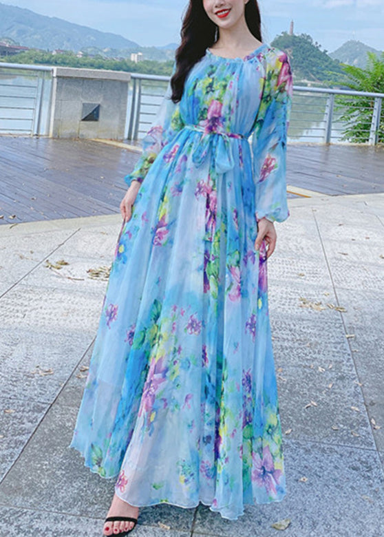 French Blue O-neck Print Chiffon Long Holiday Dress Spring