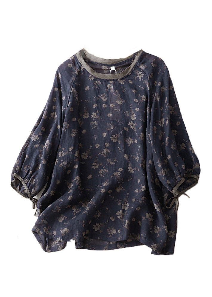 Navy O Neck Lace Up Print Linen Tops Bracelet Sleeve
