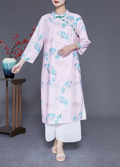 Light Pink Mandarin Collar Print Cotton Dresses Bracelet Sleeve