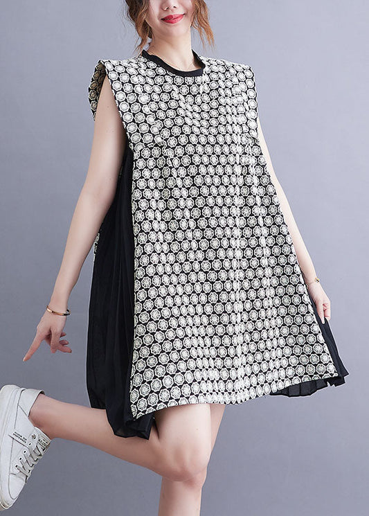 Modern Black O-neck Chiffon Patchwork Print Cotton a Line Dress Sleeveless