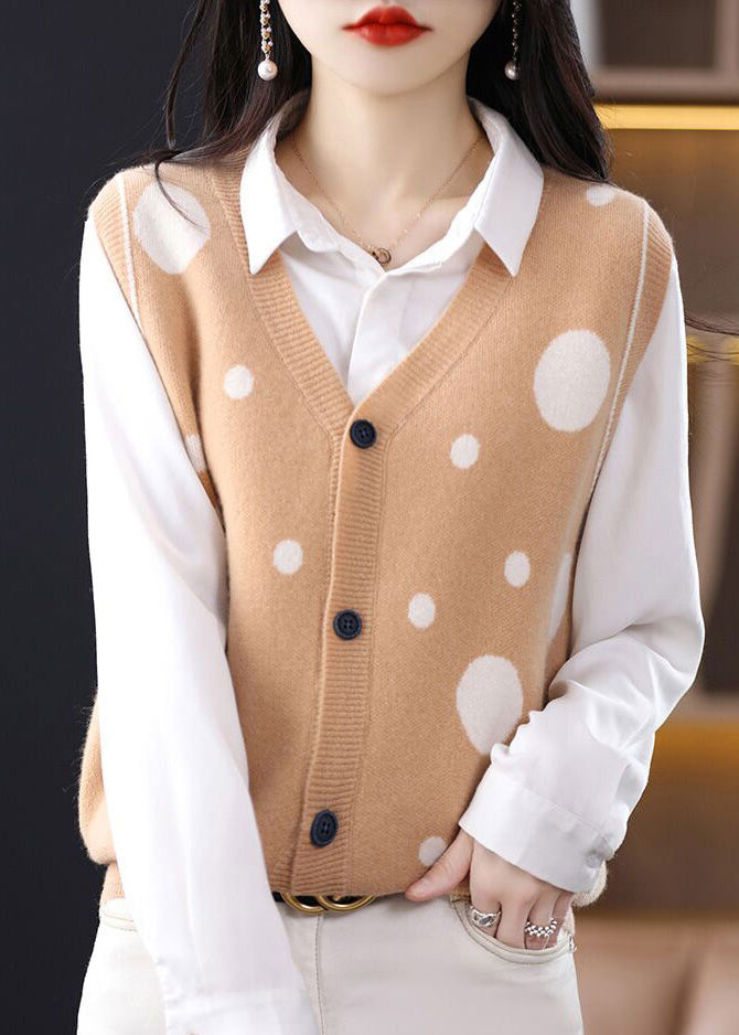 Camel V Neck Dot Patchwork Woolen Vest Tops Sleeveless
