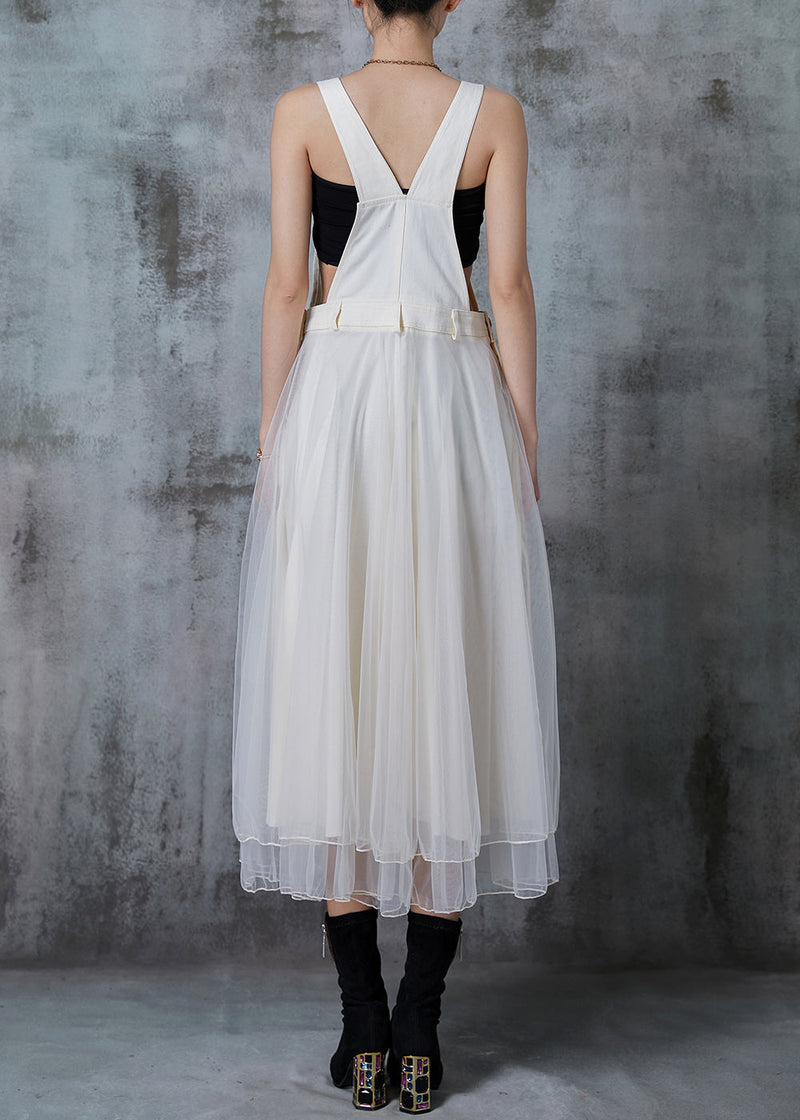 Fitted White Silm Fit Patchwork Organza Long Dress Spring