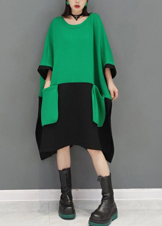 Green O Neck Pockets Patchwork Cotton Mid Dresses Fall