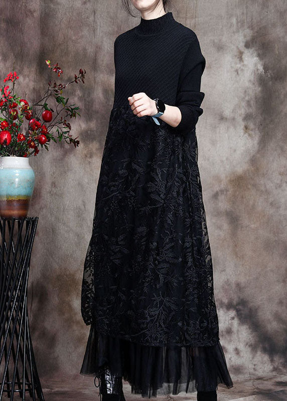 Black Knit Patchwork Asymmetrical Design Fall Knit Dress