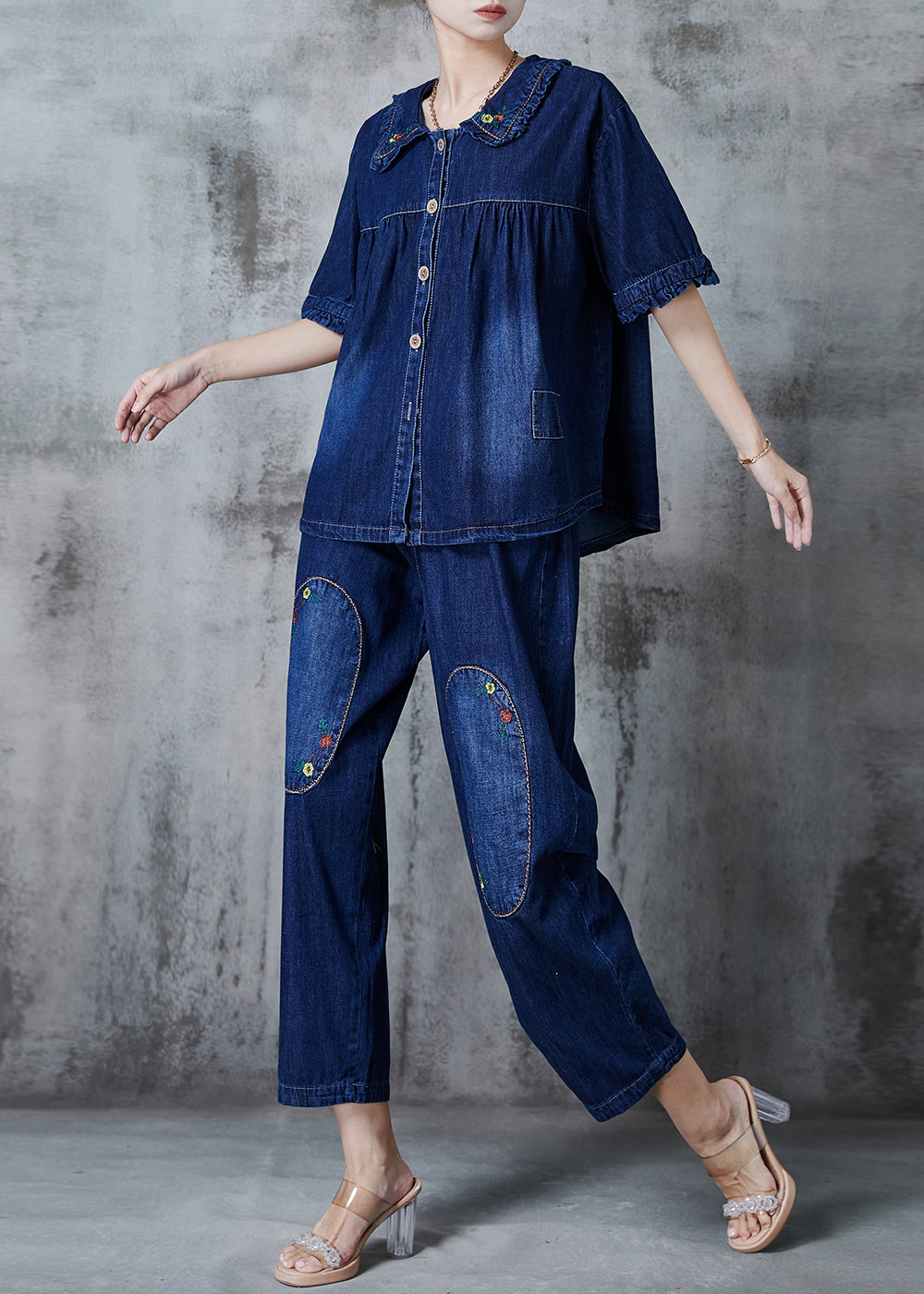 Navy Embroidered Patchwork Denim Two Pieces Set Summer