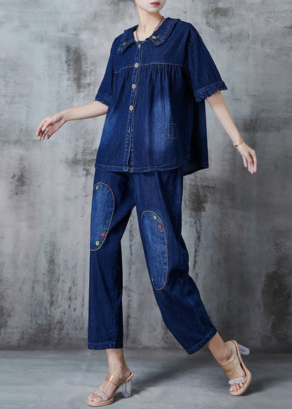 Navy Embroidered Patchwork Denim Two Pieces Set Summer