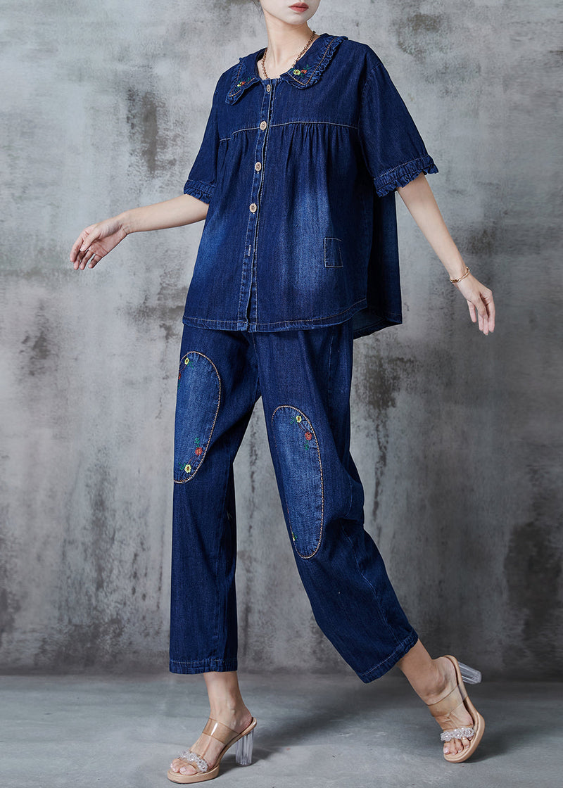 Navy Embroidered Patchwork Denim Two Pieces Set Summer