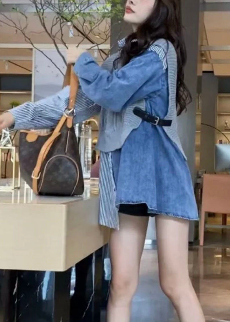 Colorblock Denim Patchwork Knit Striped Cotton Shirts Spring