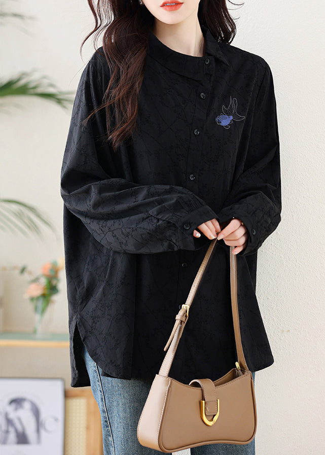 Black Embroideried Cotton Shirt Fall