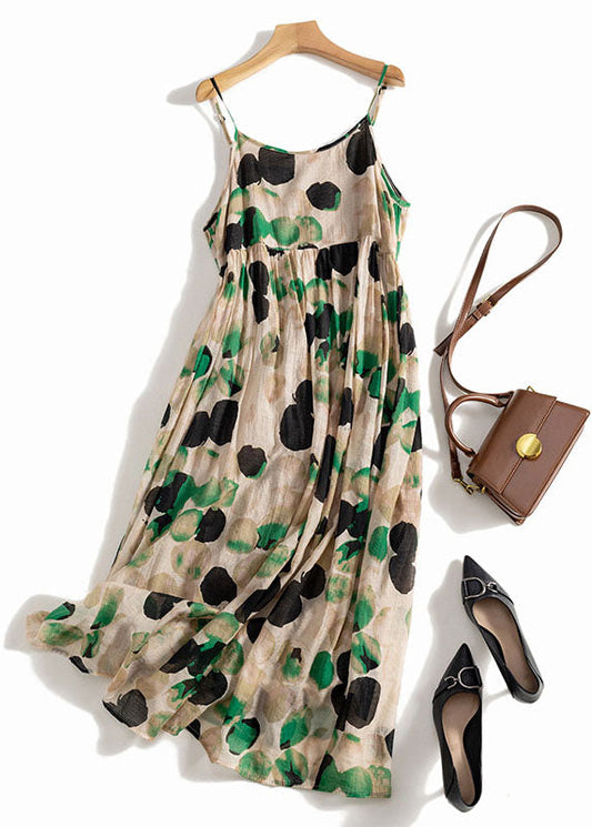Green Tie Dye Dot Print Exra Large Hem Linen Spaghetti Strap Dress Summer