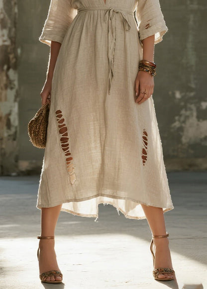 Beige Tie Waist Ripped Linen Vacation Dress Bracelet Sleeve