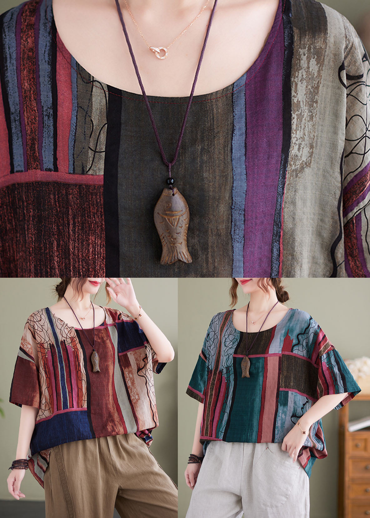 Purple Grey Colorblock Print Cotton Tanks Short Sleeve